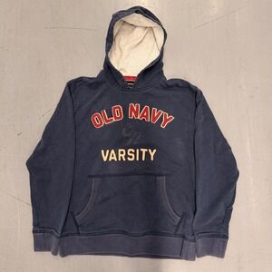 Old Navy Varsity Hoodie Navy Blue Large Pullover Hooded Sweatshirt Mens